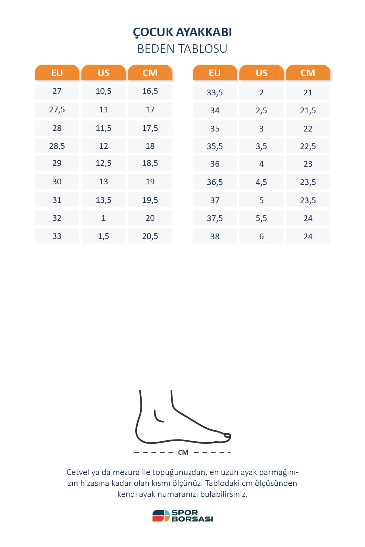 Skechers çocuk ayakkabı beden tablosu